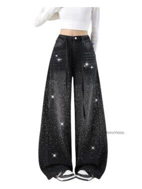 High Waisted Rhinestone Wide Leg Baggy Jeans